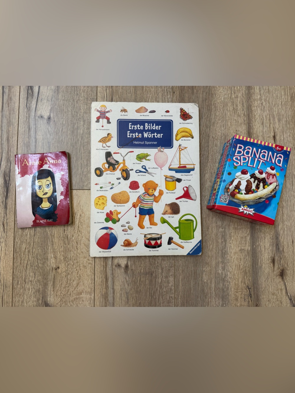 German learning books and banana spilt game